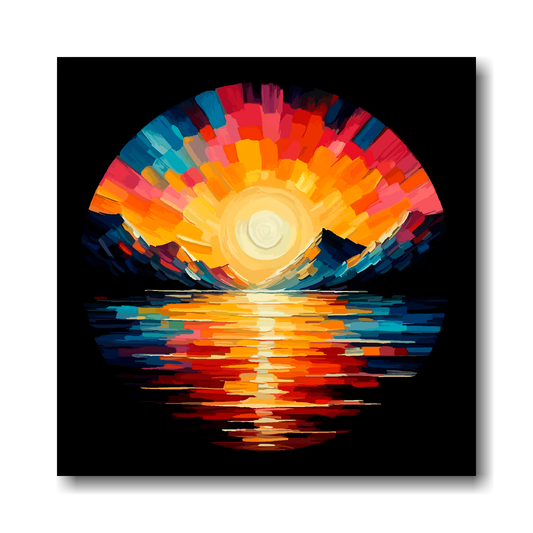 Large canvas wall art - Vibrant Lake Sunset mountain scene, black background, Available in 3 large sizes.