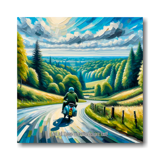 Large canvas wall art - A multi-coloured abstract of a Lambretta Scooter traveling along a scenic road. Available in 3 large sizes.