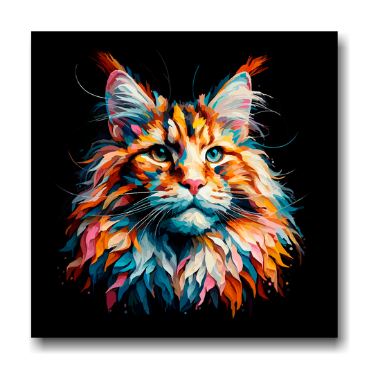 Large canvas wall art - A vibrant multi-coloured head portrait of a Maine Coon  Cat. Available in 3 large sizes.