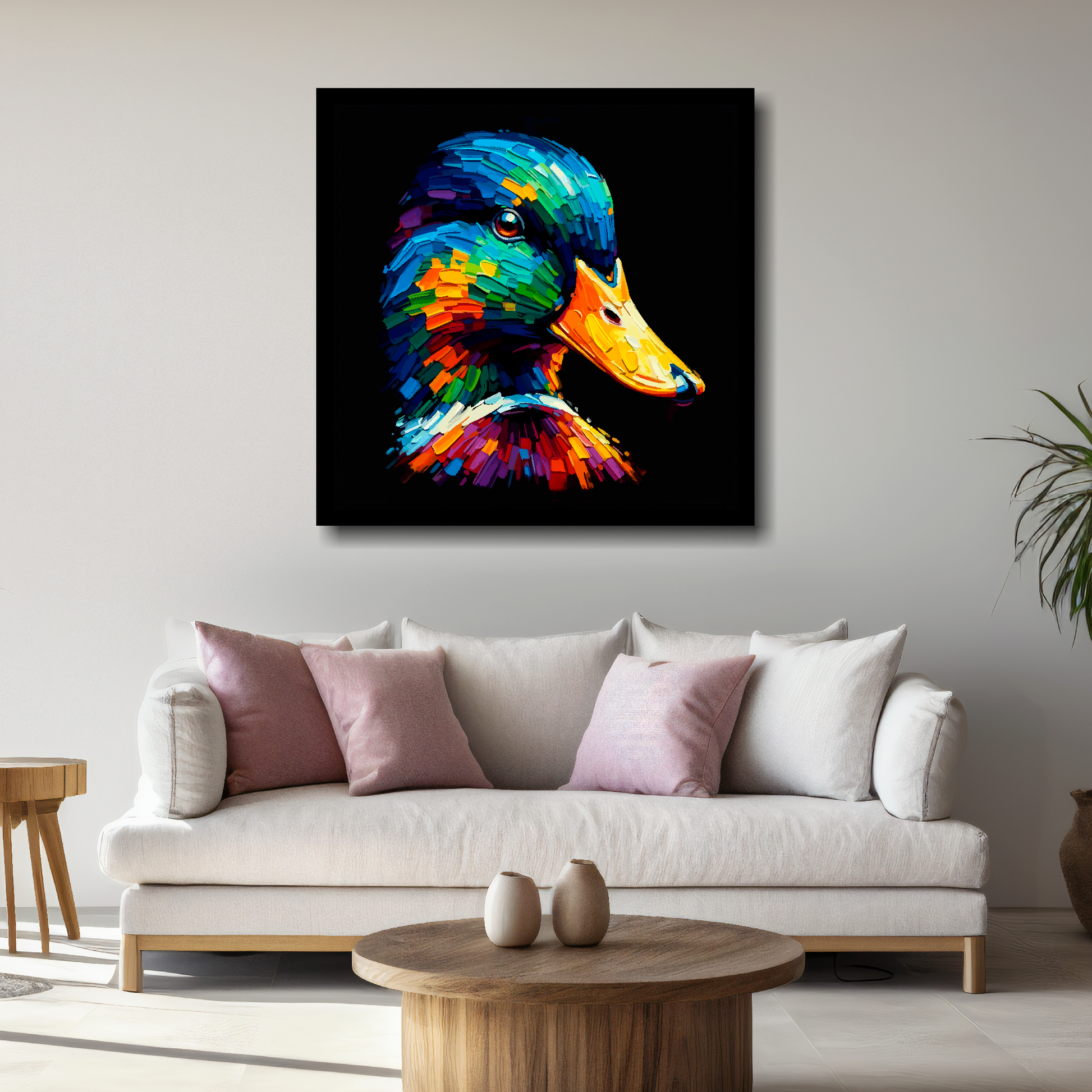 Large canvas wall art - Colourful Mallard duck portrait on a black background. Available in 3 large sizes.