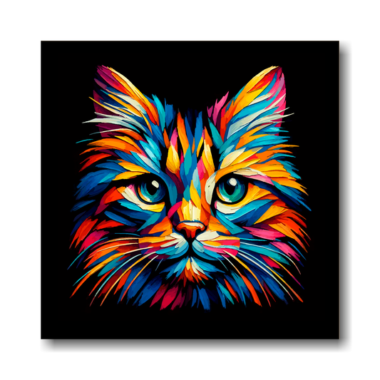 Large canvas wall art - A vibrant multi-coloured head portrait of a Manx Cat. Available in 3 large sizes.