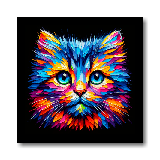Large canvas wall art - A vibrant multi-coloured head portrait of a Moggie Cat. Available in 3 large sizes.