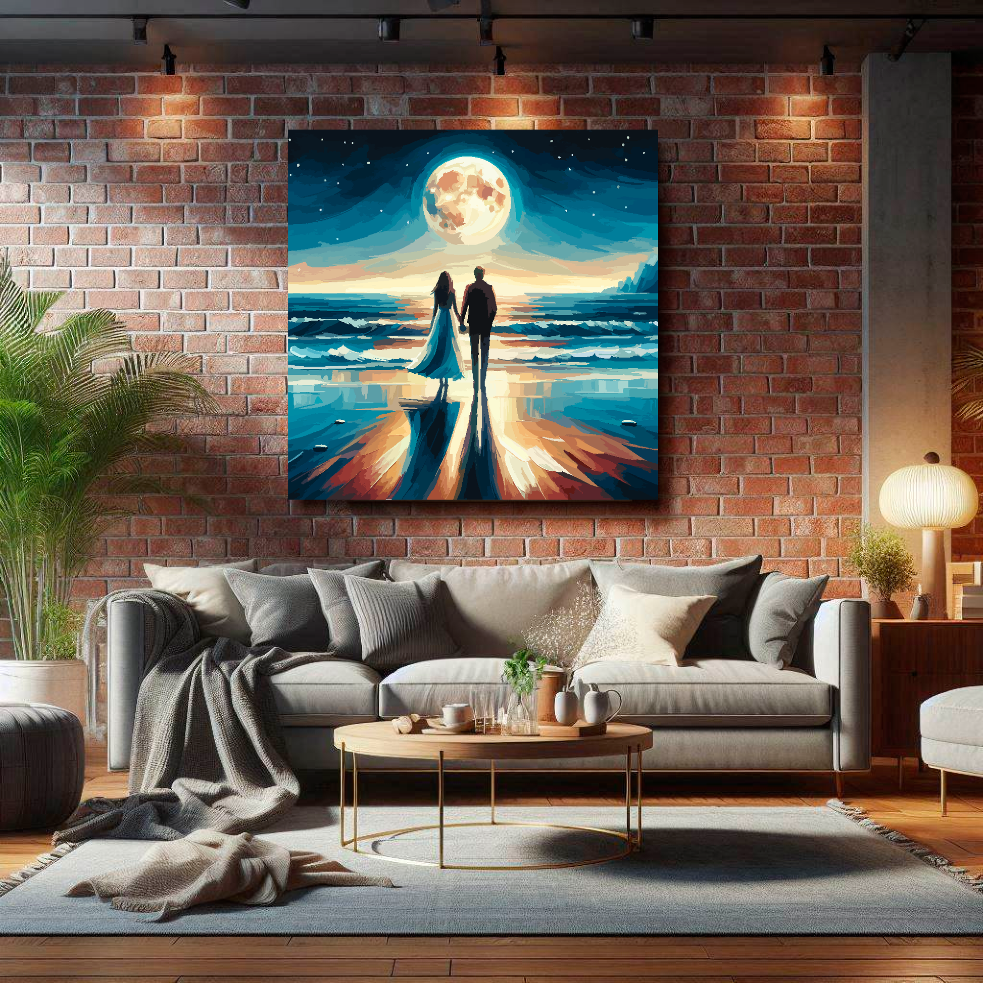 Large canvas wall art - Romantic Couple in a moonlight beach scene, Available in 3 large sizes.