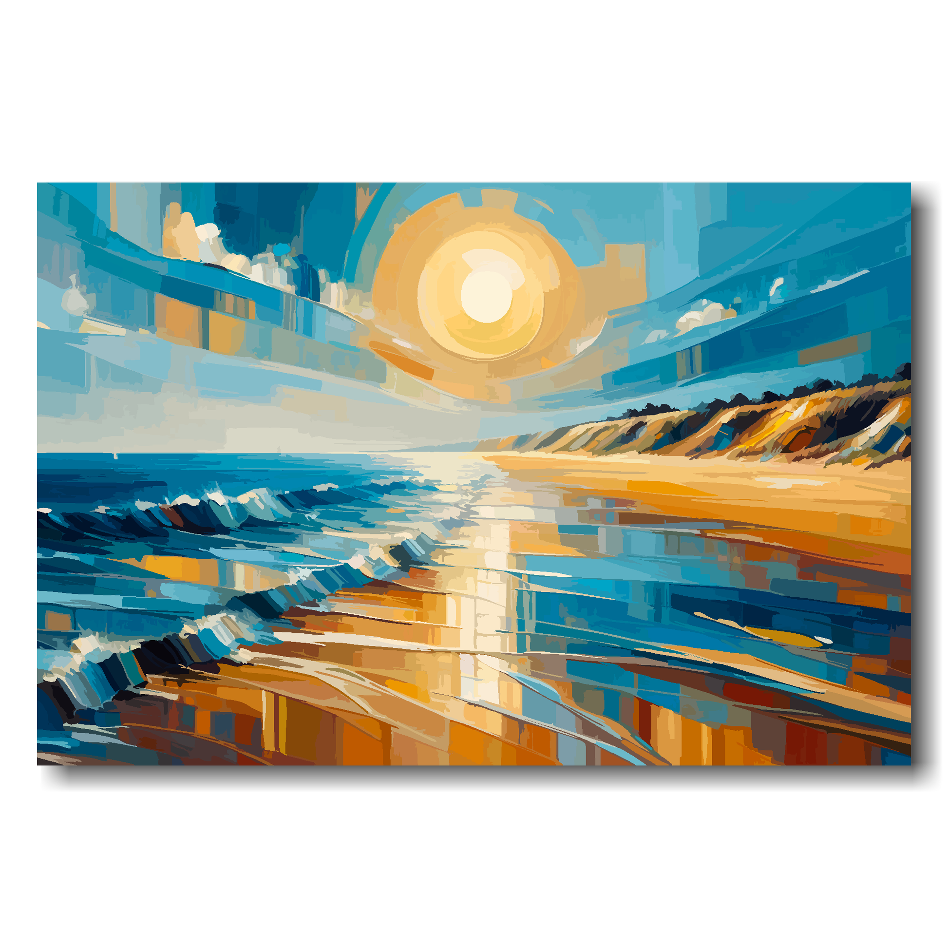 Large canvas wall art - A vibrant multi-coloured golden beach landscape. Available in 3 large sizes.