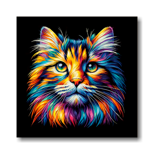 Large canvas wall art - A vibrant multi-coloured head portrait of a Norwegian Forest Cat. Available in 3 large sizes.