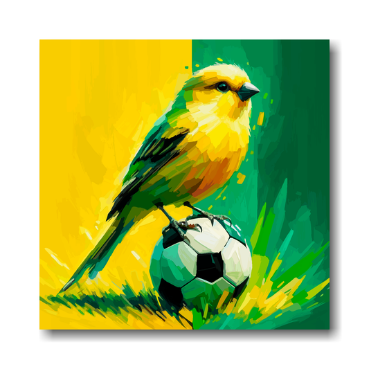 Large canvas wall art - A canary on a ball in club colours, inspired by Norwich F.C. Part of the UK CANVAS sports collection. Available in 3 large sizes.