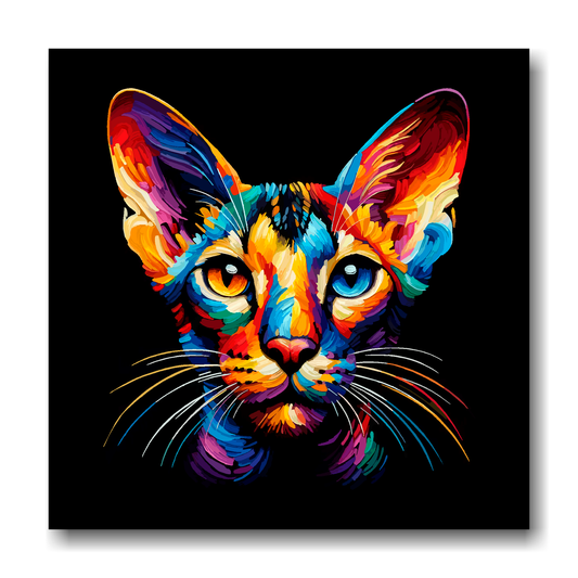 Large canvas wall art - A vibrant multi-coloured head portrait of a Oriental Shorthair Cat. Available in 3 large sizes.