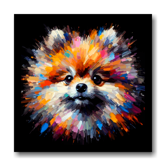 Large canvas wall art - A vibrant multi-coloured head portrait of a Pomeranian dog. Available in 3 large sizes.