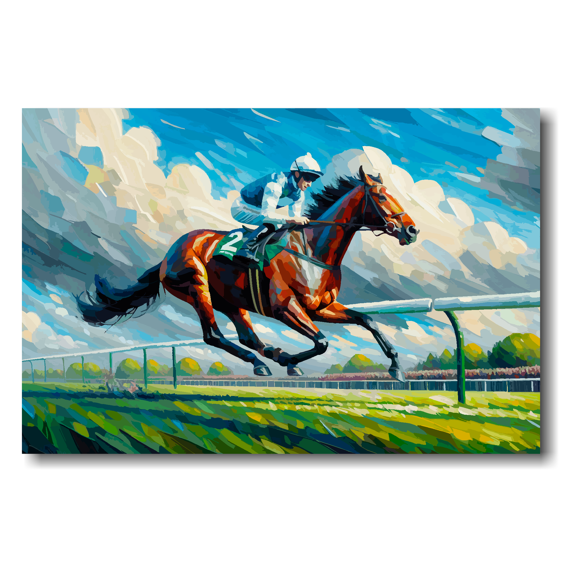 Large canvas wall art - A vibrant multi-coloured painting of a Race Horse galloping. Available in 3 large sizes.