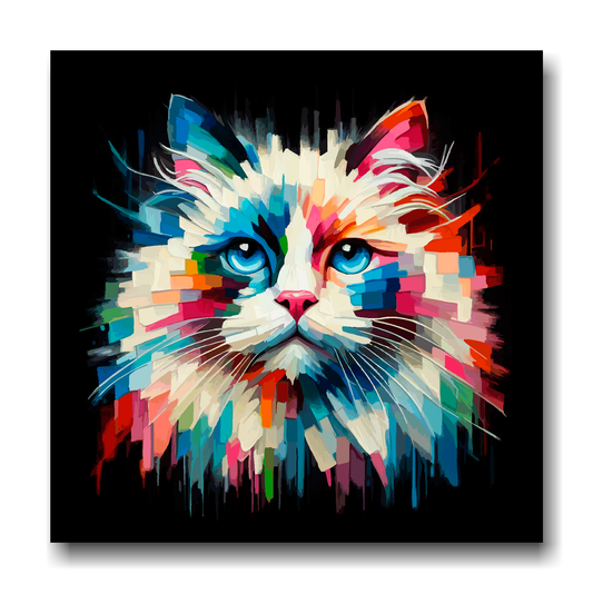 Large canvas wall art - A vibrant multi-coloured head portrait of a Ragdoll Cat. Available in 3 large sizes.