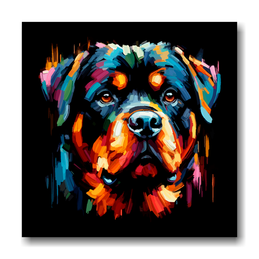 Large canvas wall art - A vibrant multi-coloured head portrait of a Rottweiler. Available in 3 large sizes.