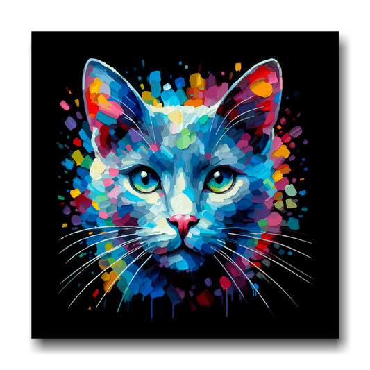 Large canvas wall art - A vibrant multi-coloured head portrait of a Russian Blue Cat. Available in 3 large sizes.