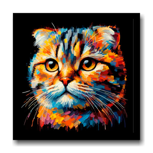 Large canvas wall art - A vibrant multi-coloured head portrait of a Scottish Fold Cat. Available in 3 large sizes.