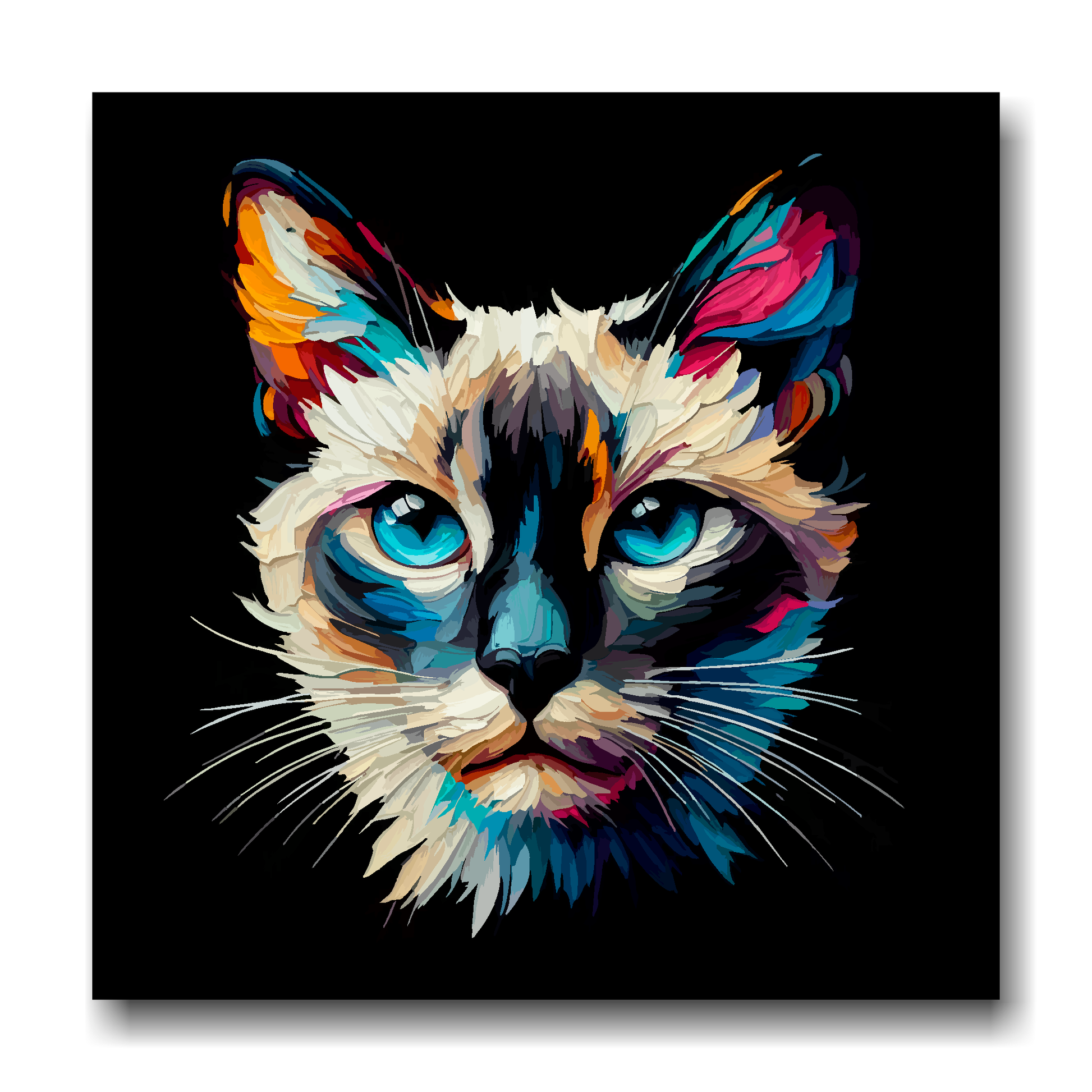 Large canvas wall art - A vibrant multi-coloured head portrait of a Siamese Cat. Available in 3 large sizes.