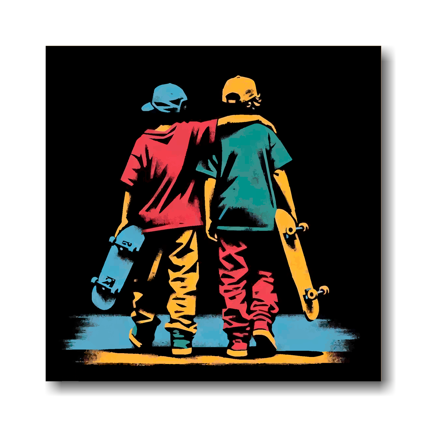 Large canvas wall art - A retro friendship painting of two teen skateboarders. Available in 3 large sizes.