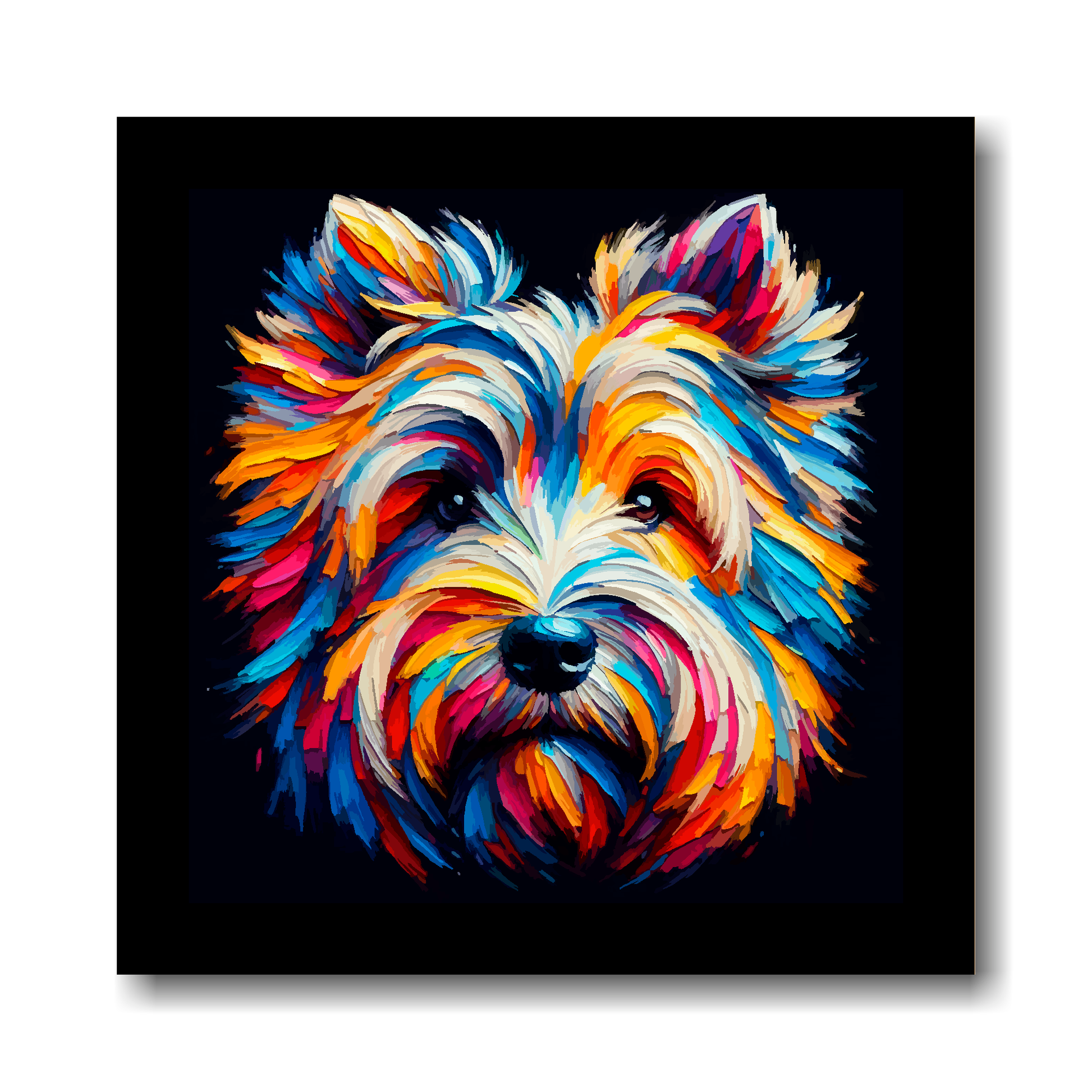 Large canvas wall art - A multi-coloured abstract head portrait of a Skye Terrier Dog. Available in 3 large sizes.