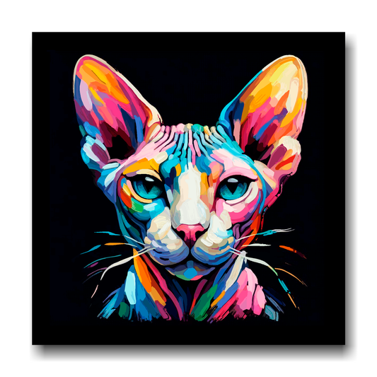 Large canvas wall art - A vibrant multi-coloured head portrait of a Sphynx Cat. Available in 3 large sizes.