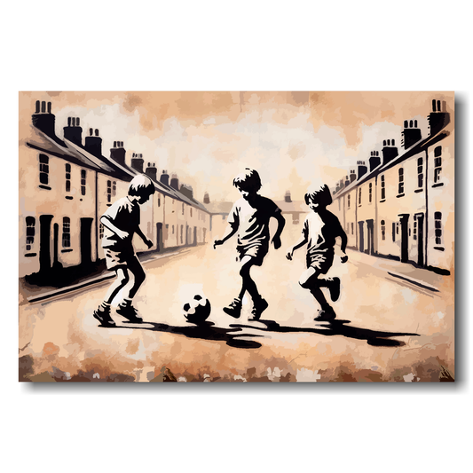 Large canvas wall art - A plastered wall mural of 3 boys playing football in the street. Available in 3 large sizes.