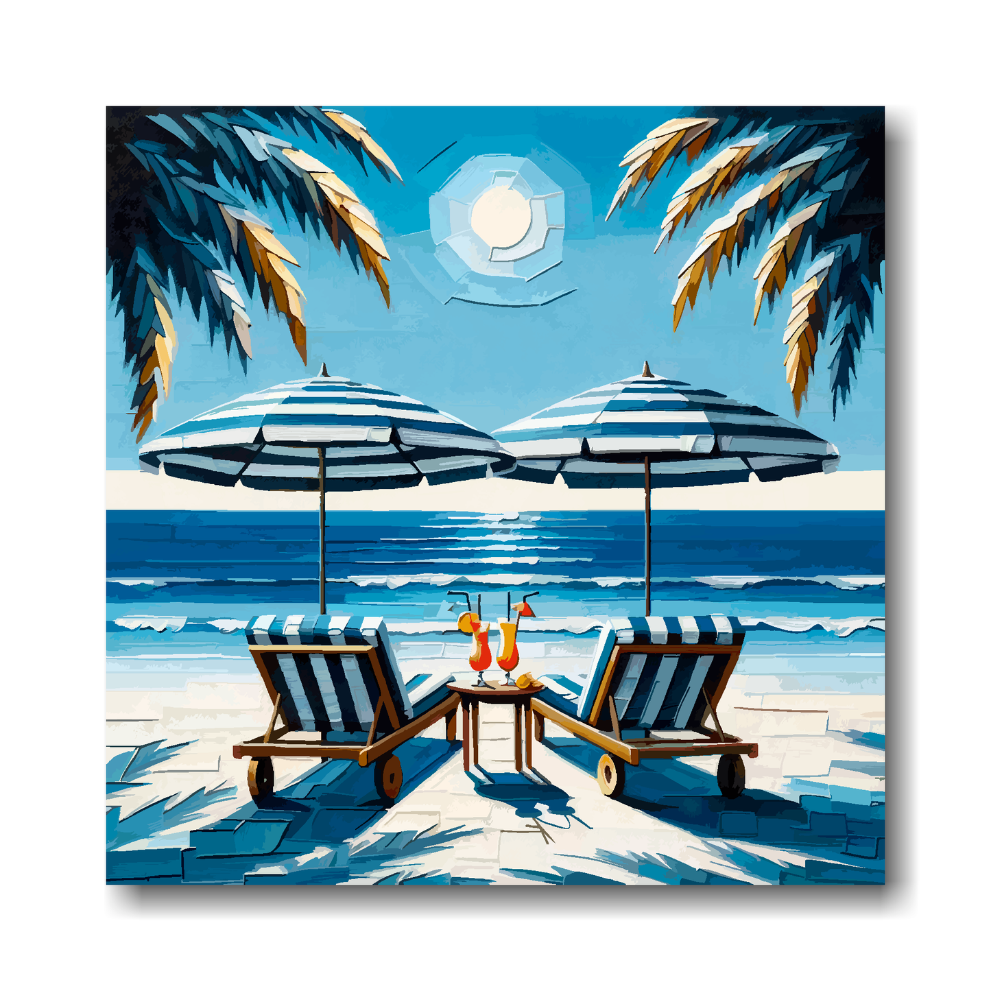 Square canvas featuring a colourful tropical beach with two sunbeds. 