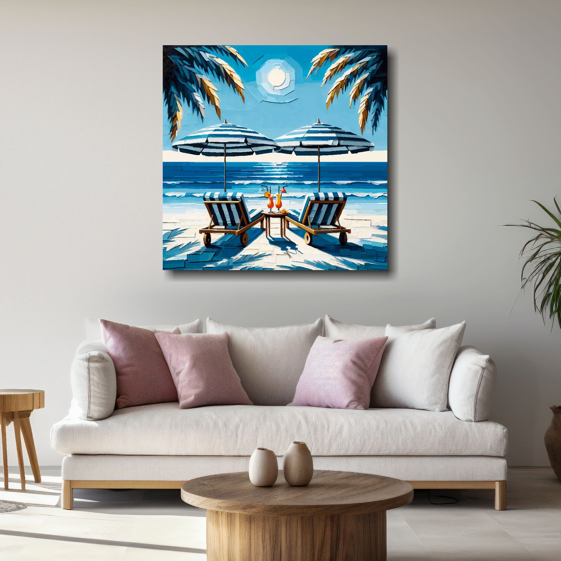 Large square canvas featuring a colourful tropical beach. Mounted on a white wall above a white sofa with decorative pillows.
