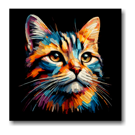 Large canvas wall art - A vibrant multi-coloured head portrait of a Tabby Cat. Available in 3 large sizes.