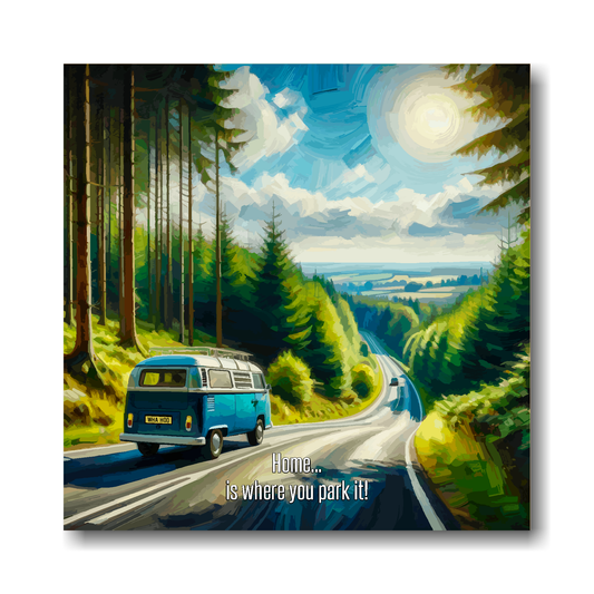 Large canvas wall art - A multi-coloured abstract of a VW Campervan traveling along a scenic road. Available in 3 large sizes.