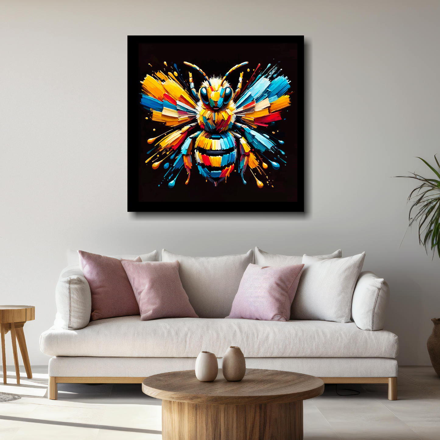 Large canvas wall art - Colourful Bumble Bee portrait on a black background. Available in 3 large sizes.