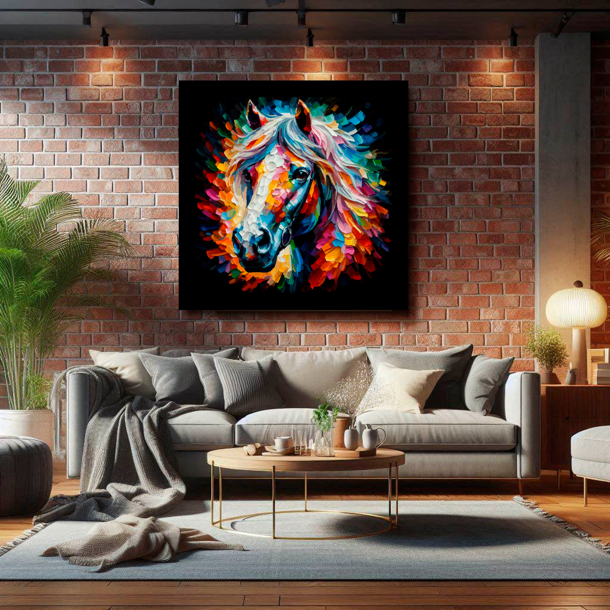 Large canvas wall art - Colourful Horse portrait on a black background. Available in 3 large sizes.