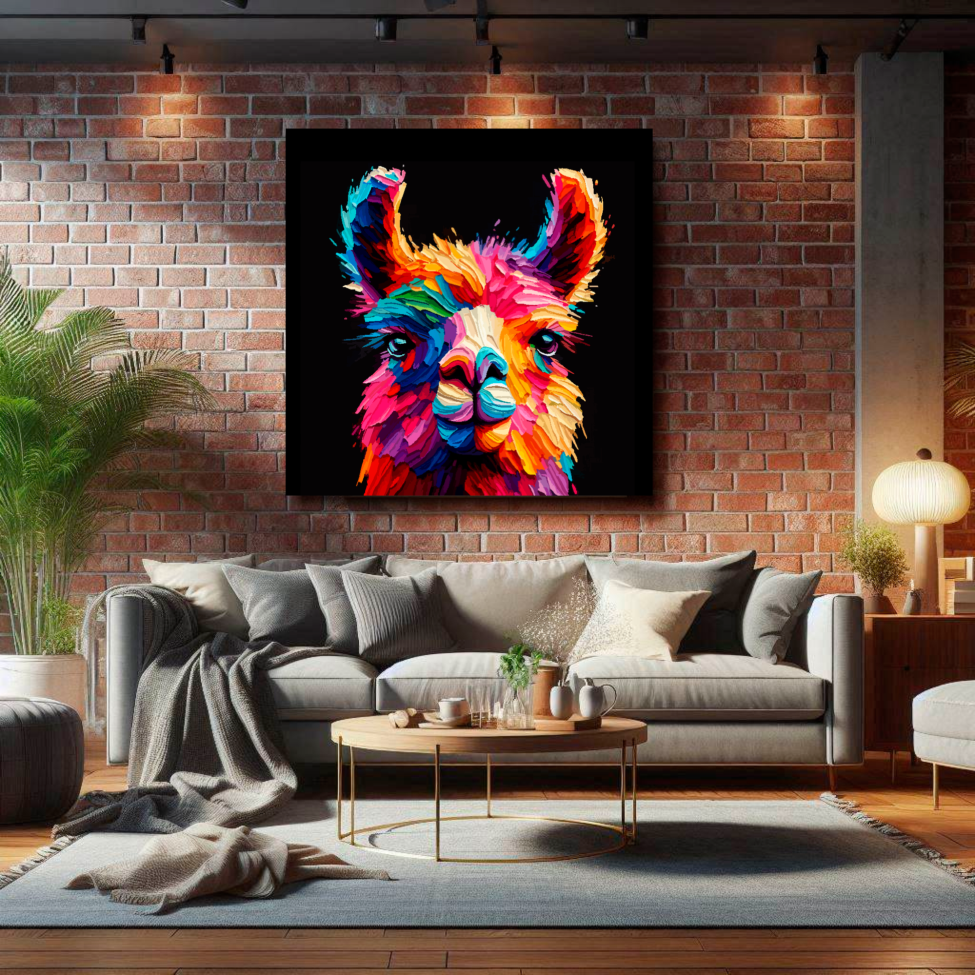 Large canvas wall art - Colourful Llama portrait on a black background. Available in 3 large sizes.