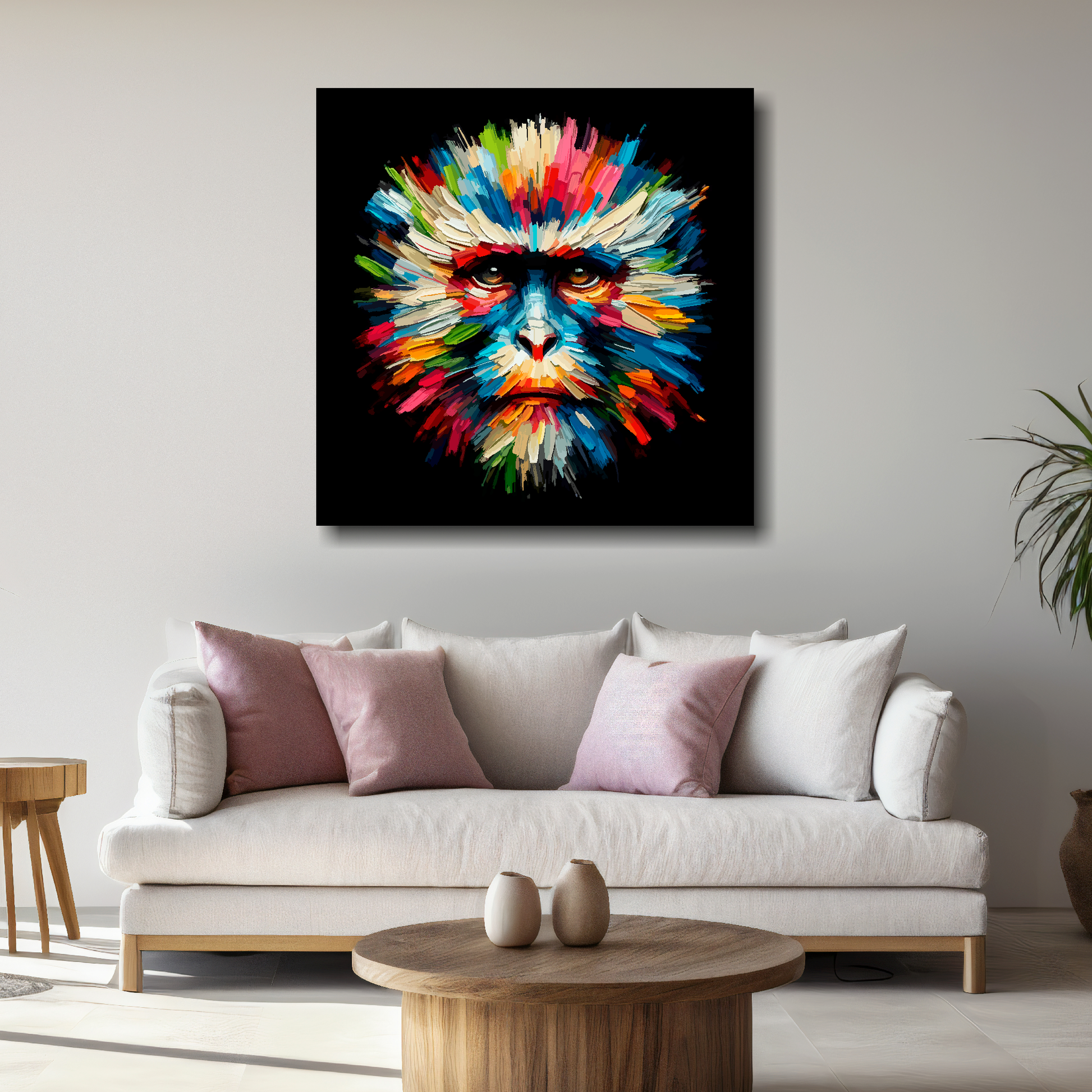 Large canvas wall art - Colourful Monkey portrait on a black background. Available in 3 large sizes.
