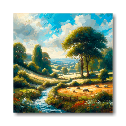 Large canvas wall art - Colourful Abstract of a English Countryside landscape, bold  and vibrant colours. Available in 3 large sizes.