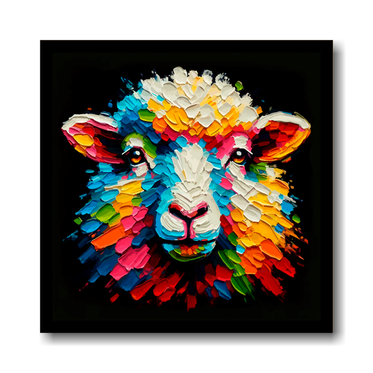 Large canvas wall art - Colourful Sheep portrait on a black background. Available in 3 large sizes.
