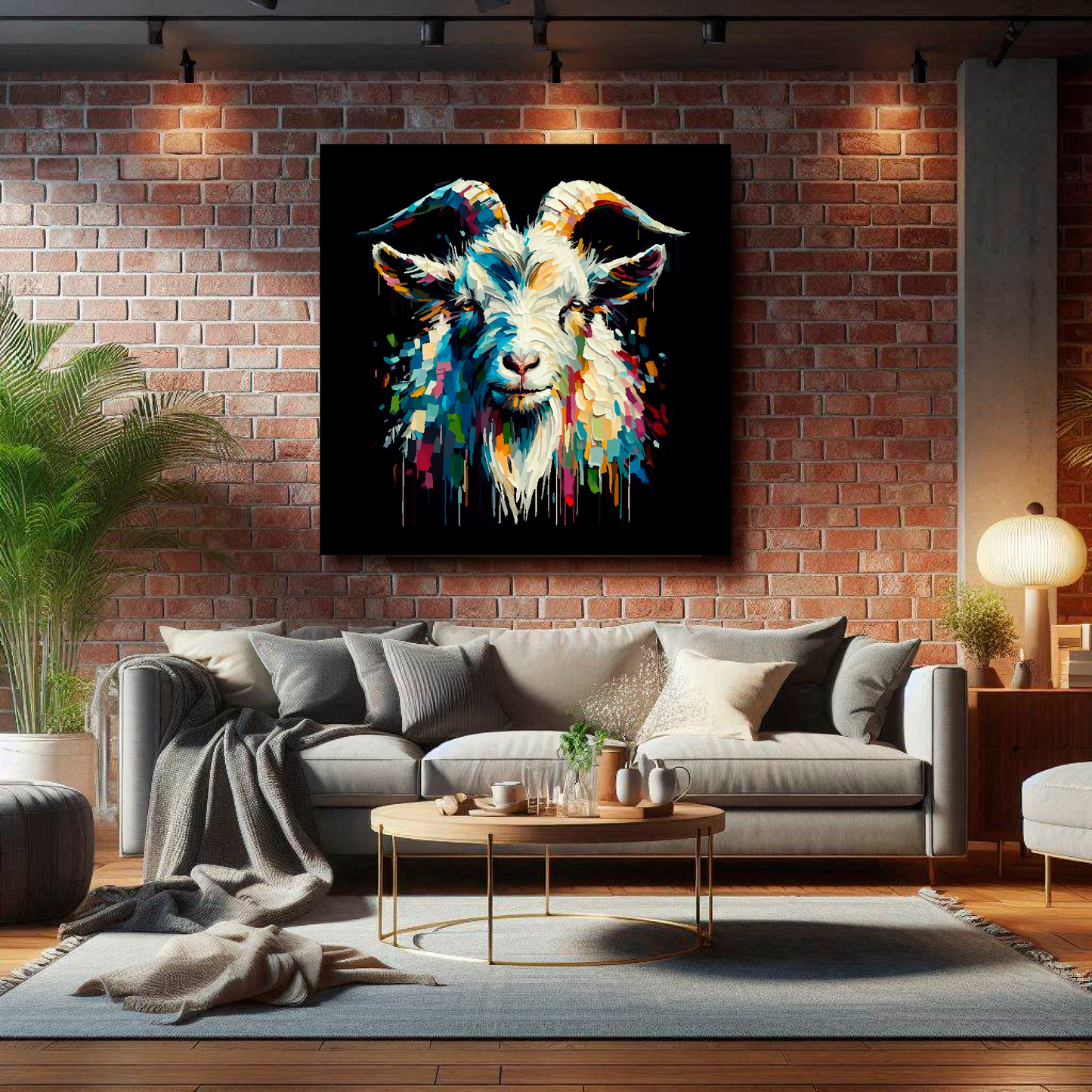 Large canvas wall art - Colourful Goat portrait on a black background. Available in 3 large sizes.