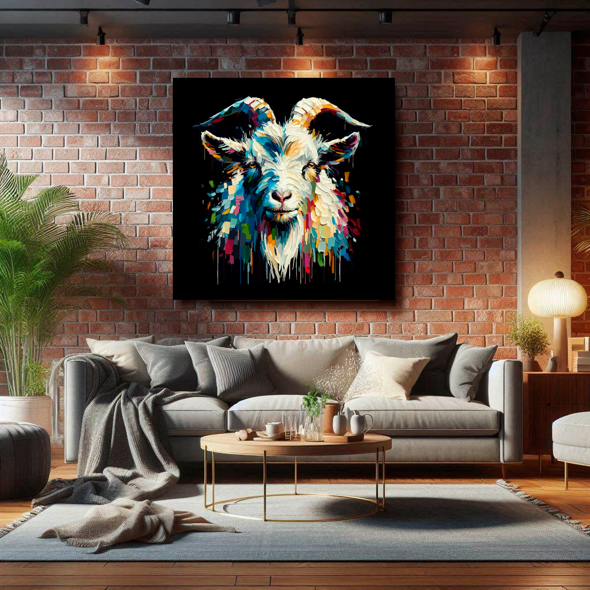 Large canvas wall art - Colourful Goat portrait on a black background. Available in 3 large sizes.