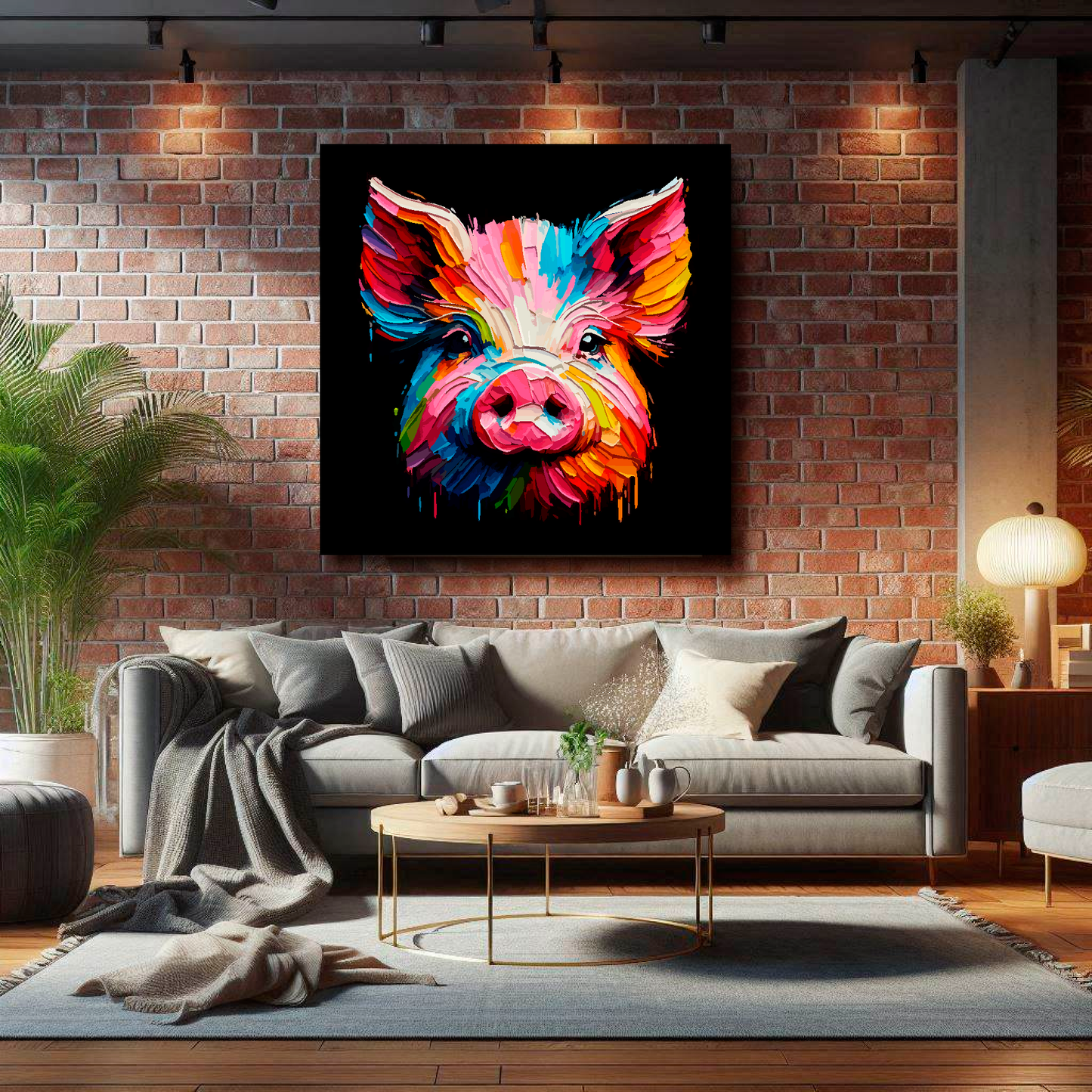Large canvas print of a vibrant, multi-coloured pig portrait on a black background, available in 3 sizes. 