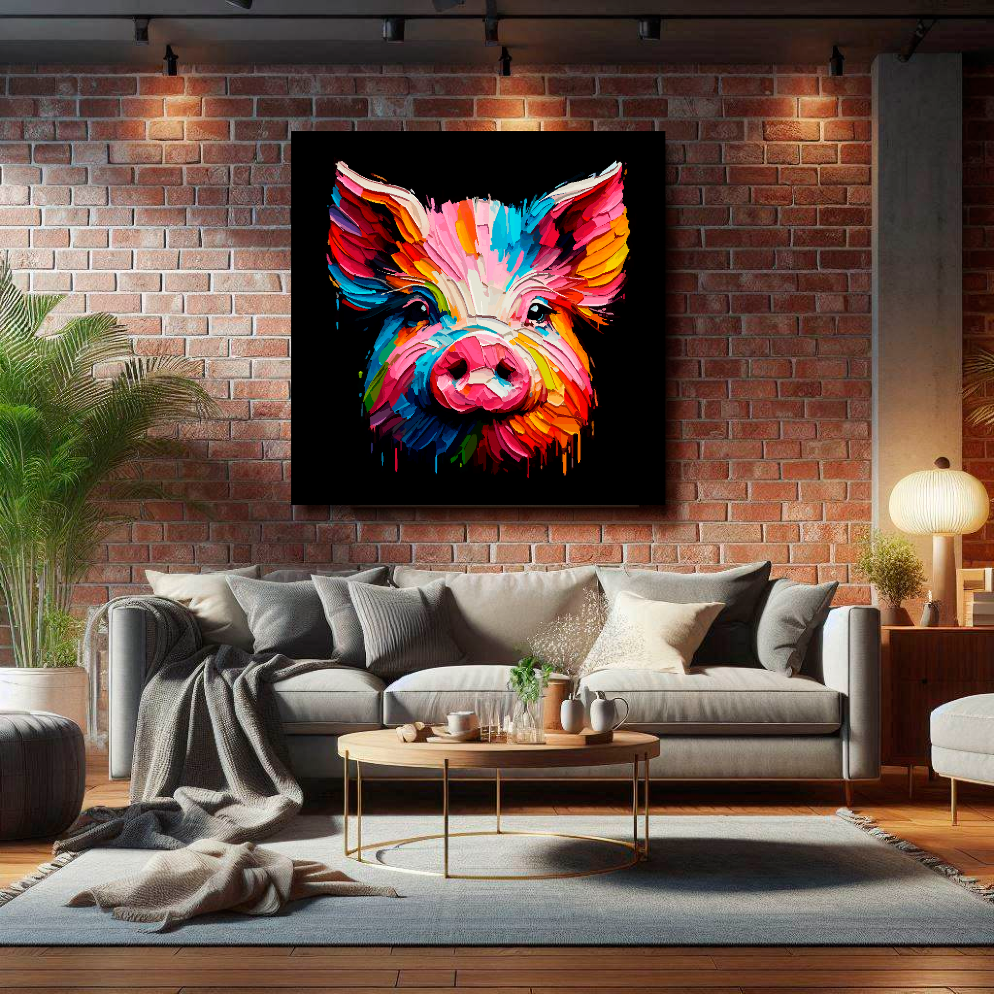 Large canvas print of a vibrant, multi-coloured pig portrait on a black background, available in 3 sizes. 