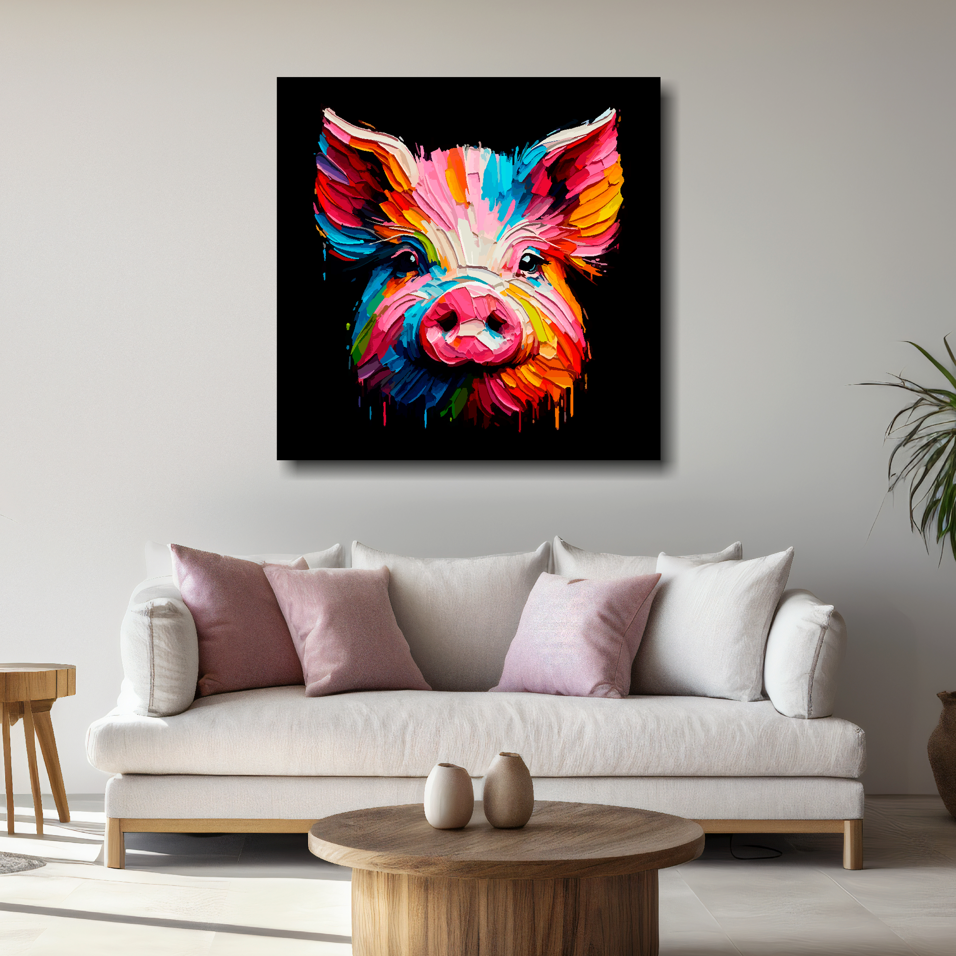 Large canvas print of a vibrant, multi-coloured pig portrait on a black background, available in 3 sizes. 