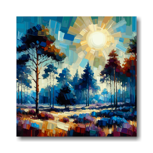 Colourful abstract painting of a forest scene with a sun in the center