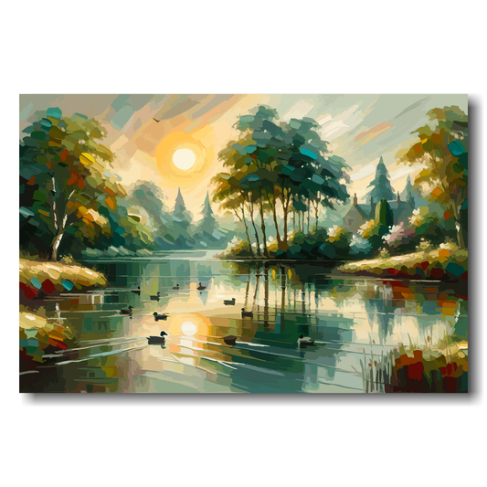Painting of a serene lake scene with trees and a setting sun.