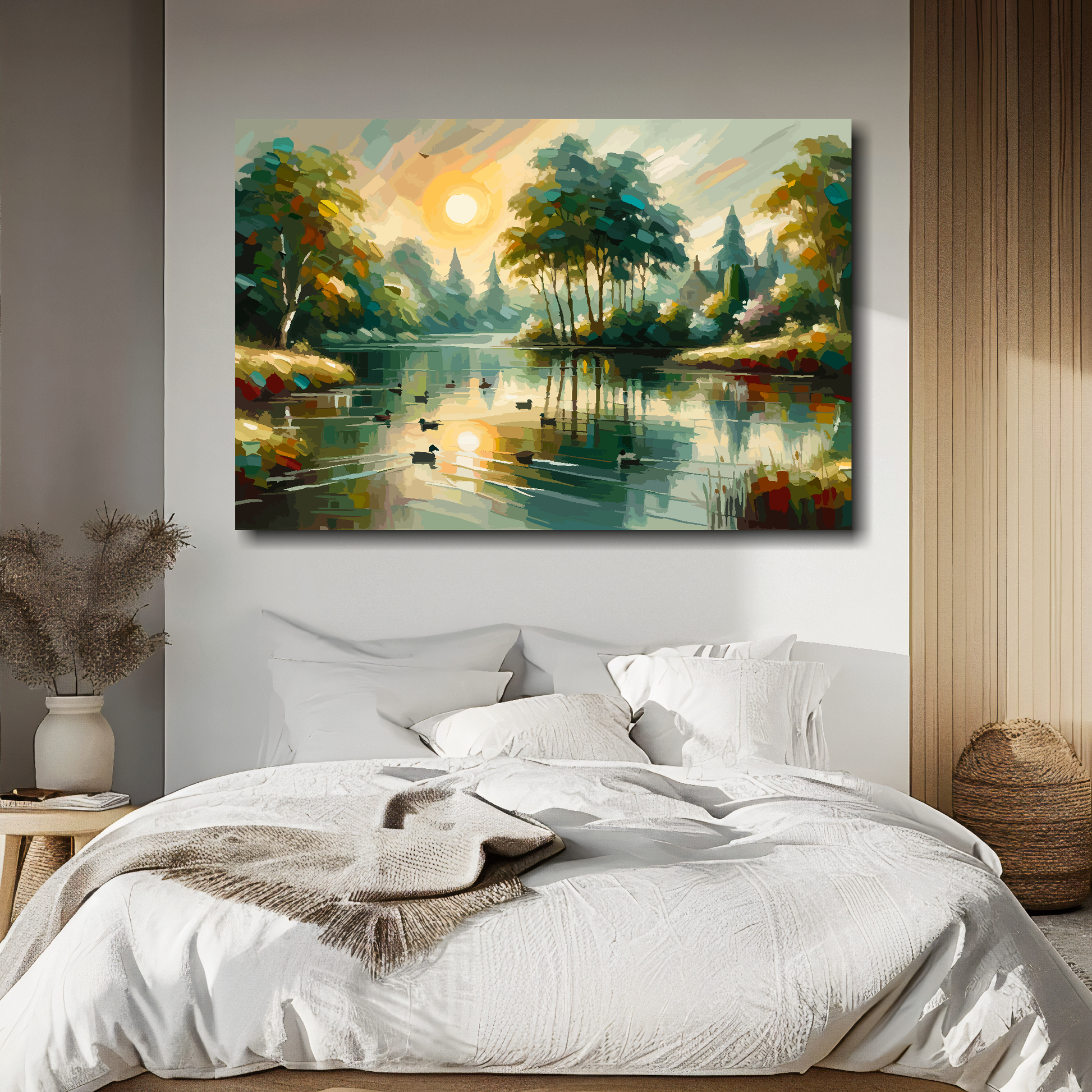 Large canvas print featuring an tranquil English lake with setting sun. Mounted on a white wall above a double bed.