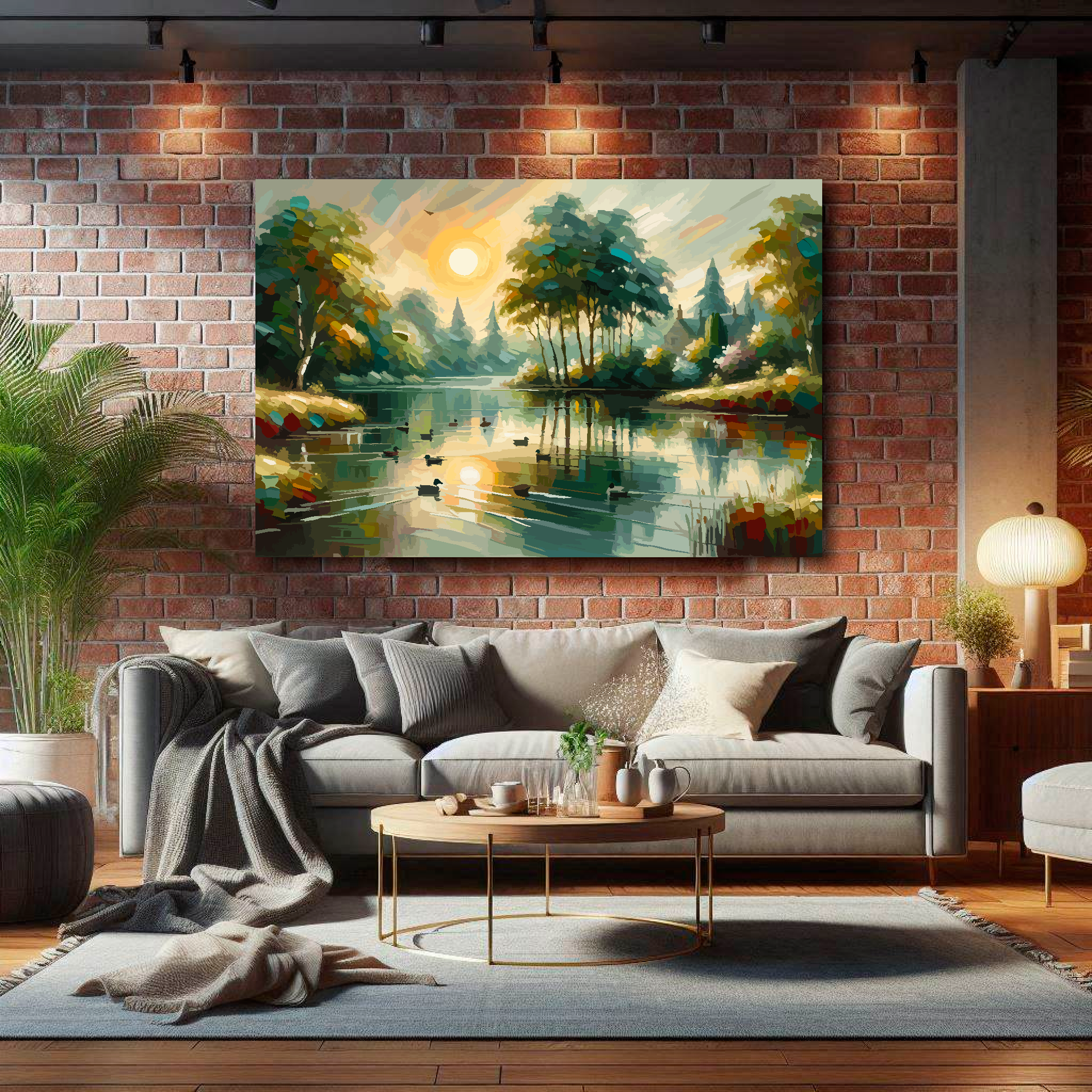 Huge canvas print featuring an tranquil English lake with setting sun. Mounted on a brick wall above a grey sofa with decorative pillows.