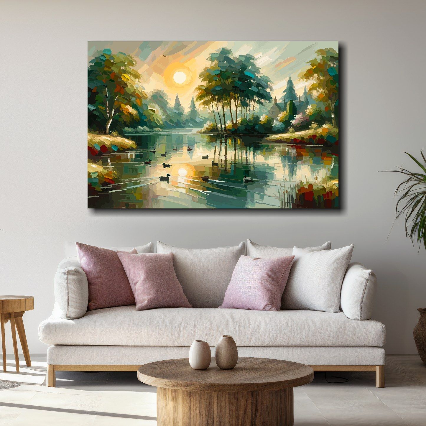 XL canvas print featuring an tranquil English lake with setting sun. Mounted on a white wall above a white sofa with decorative pillows.