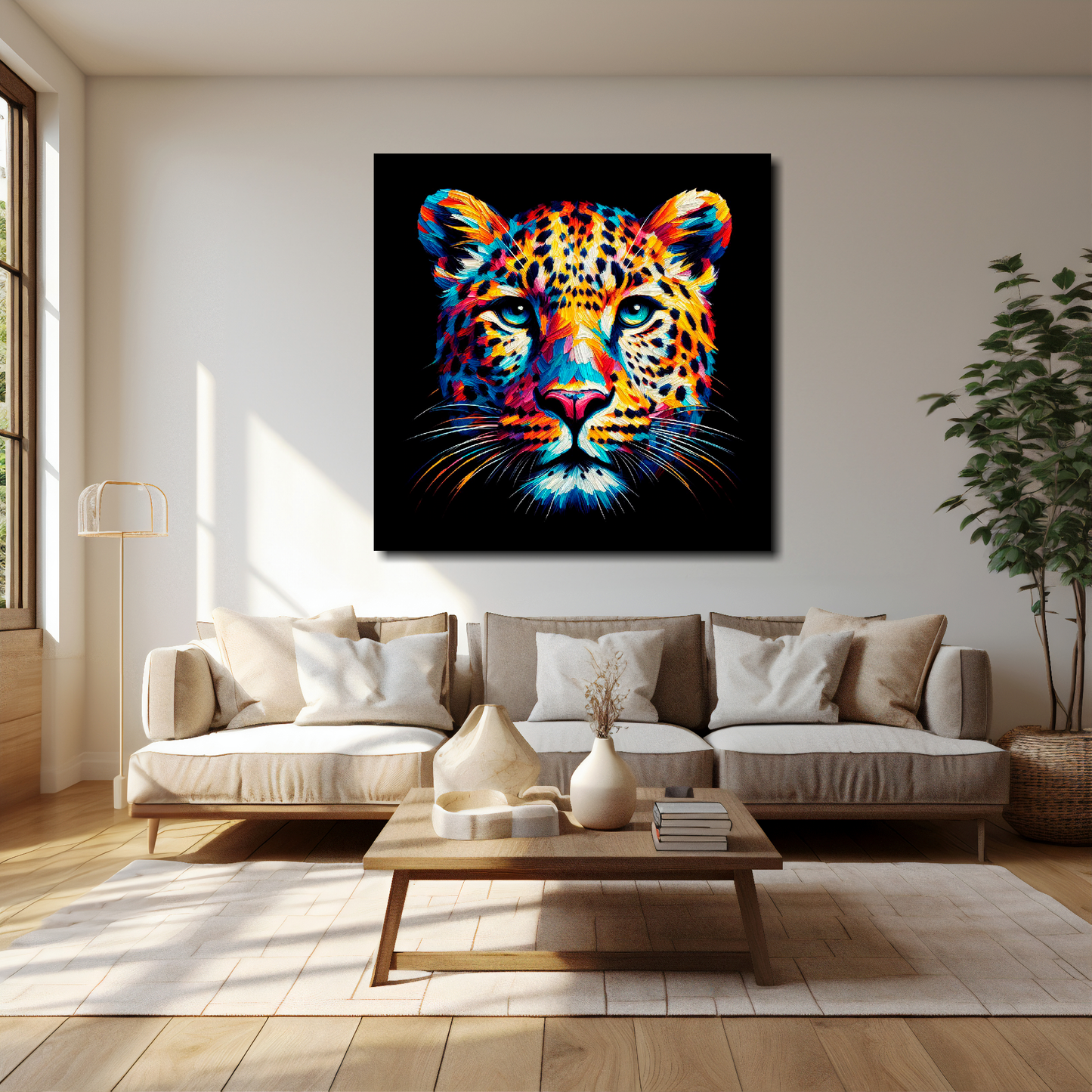 40 inch by 40 inch square canvas of a colouful Leopard head portrait on a black background. Mounted on a white wall above a cream sofa with decorative pillows.