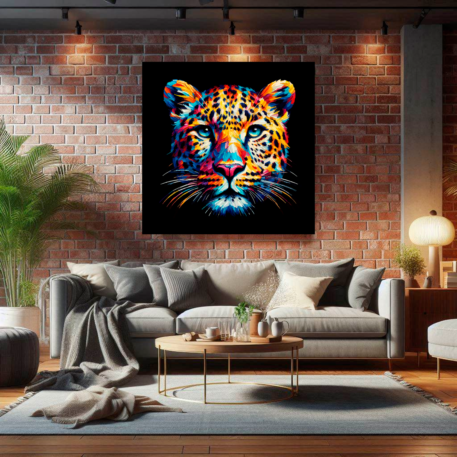 Large canvas wall art - A vibrant multi-coloured head portrait of a Leopard. Available in 3 large sizes.