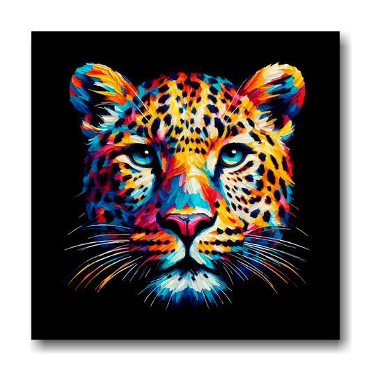 Large canvas wall art - A vibrant multi-coloured head portrait of a Leopard. Available in 3 large sizes.
