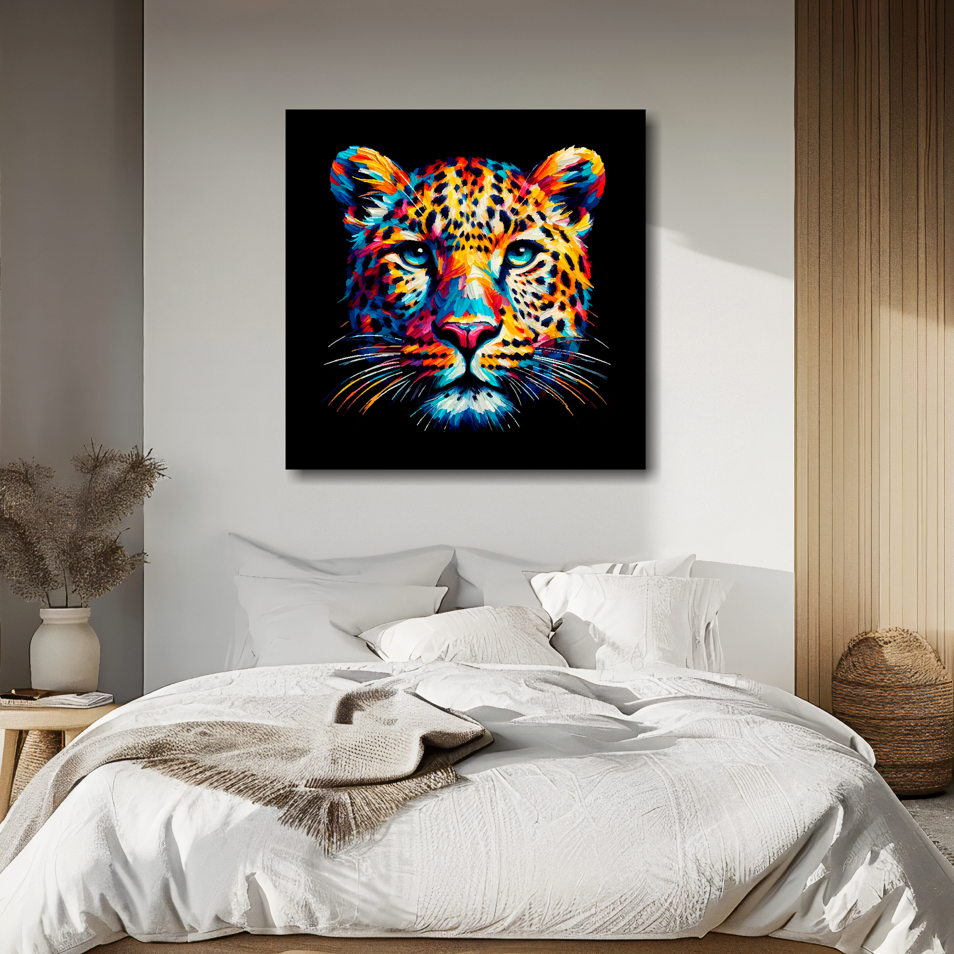 Large canvas wall art - A vibrant multi-coloured head portrait of a Leopard. Available in 3 large sizes.
