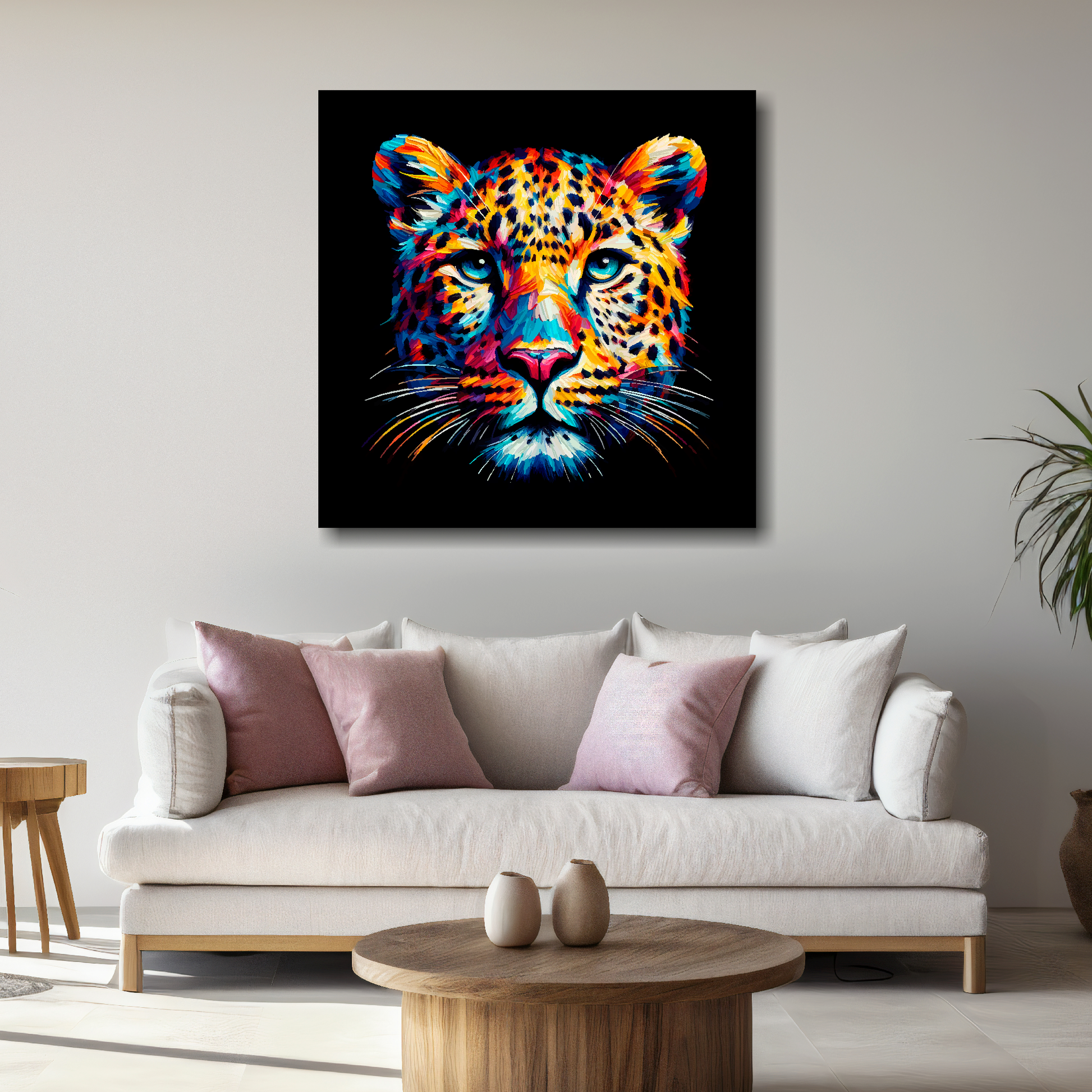 Large canvas wall art - A vibrant multi-coloured head portrait of a Leopard. Available in 3 large sizes.