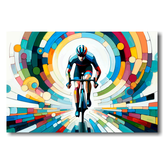 Colorful abstract design with a cyclist in the center