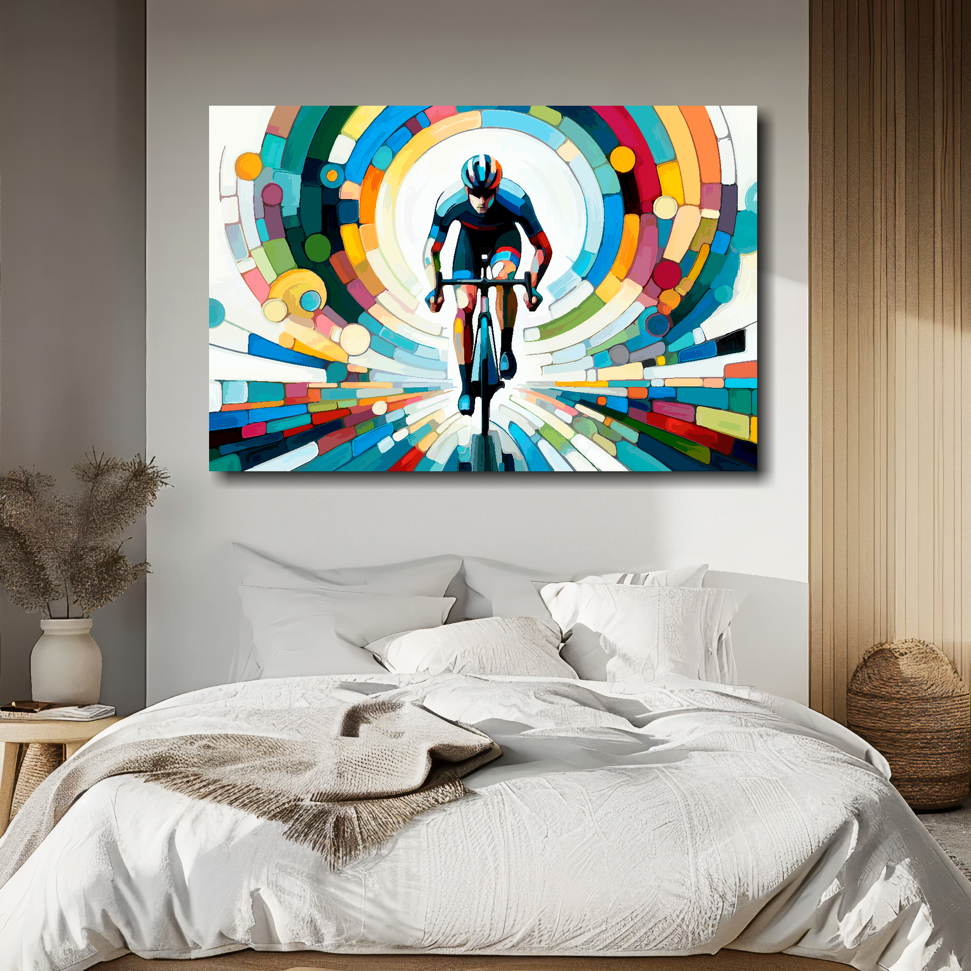 Colorful abstract painting of a cyclist on a wall above a bed
