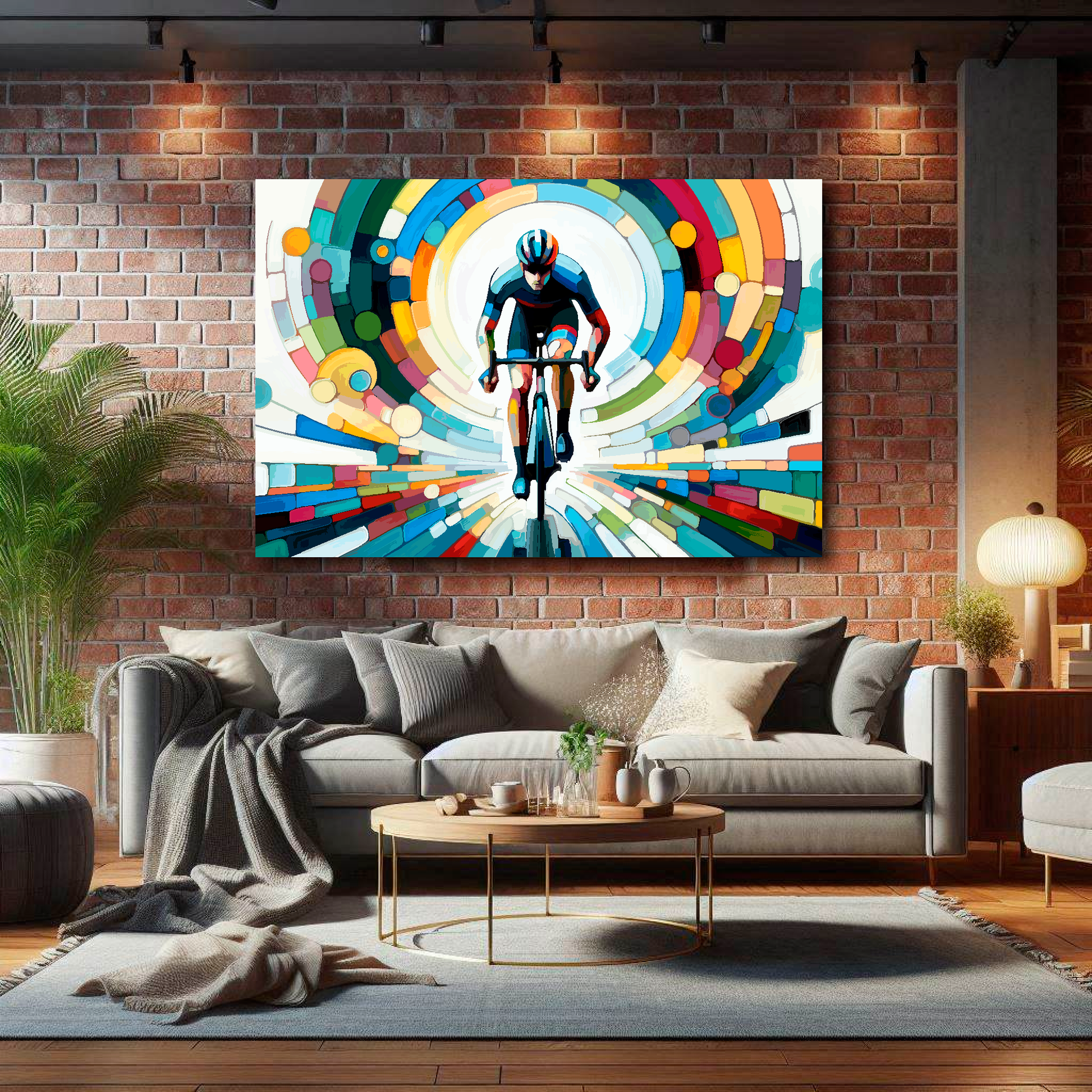 Colorful abstract painting of a cyclist on a brick wall above a gray sofa.